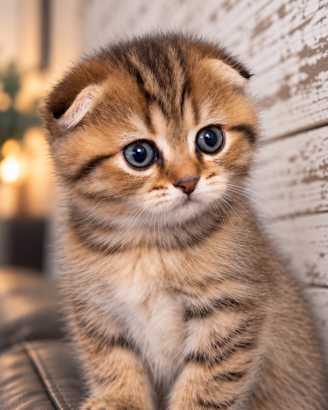 Margo, a warm golden-brown Scottish Fold kitten, looking toward the camera