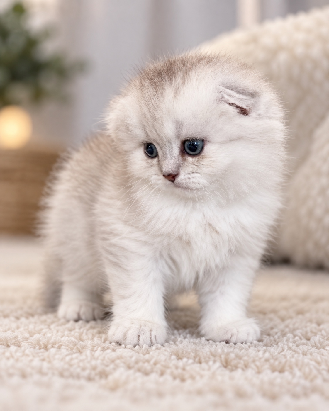 Full view of Sam, a silver long-haired Scottish Fold kitten