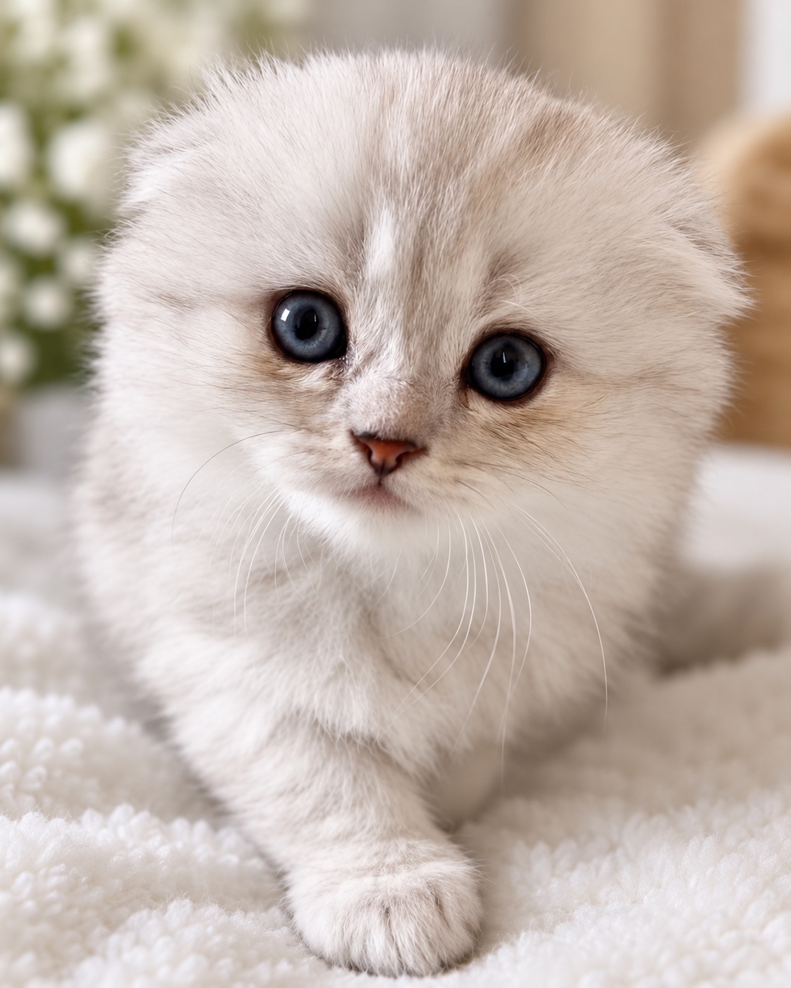 Sam, a silver long-haired Scottish Fold kitten, looking toward the camera