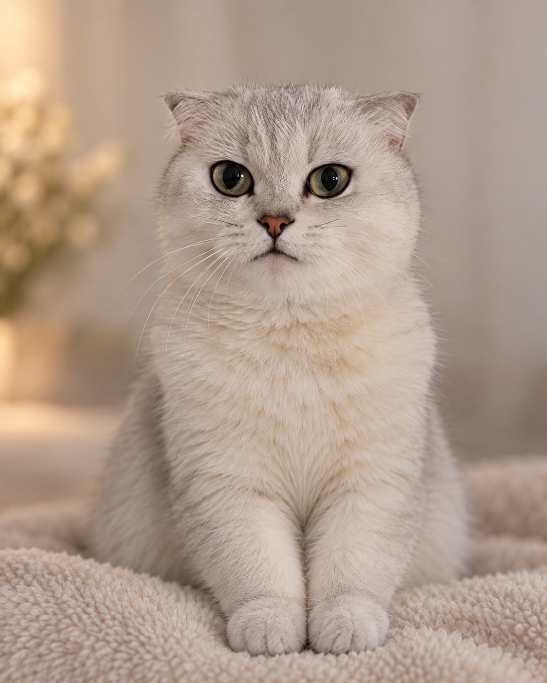 Front portrait of Sonya, our Scottish mother cat, at home in Miami